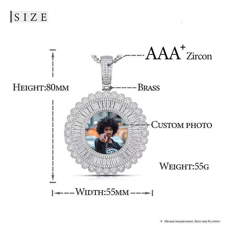 Baguette Memory Photo Pendant Hip Hop Iced Out AAAAA CZ Diamond Photo Custom Pendant Punk Round Diy Sublimation Memory Pendant