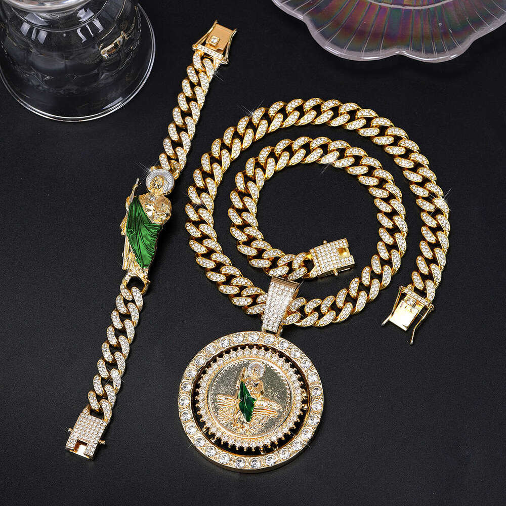 New Hip Hop Trendy Men's And Women's Dia Rotating Religious Saint Jude Statue Pendant Cuban Chain Necklace