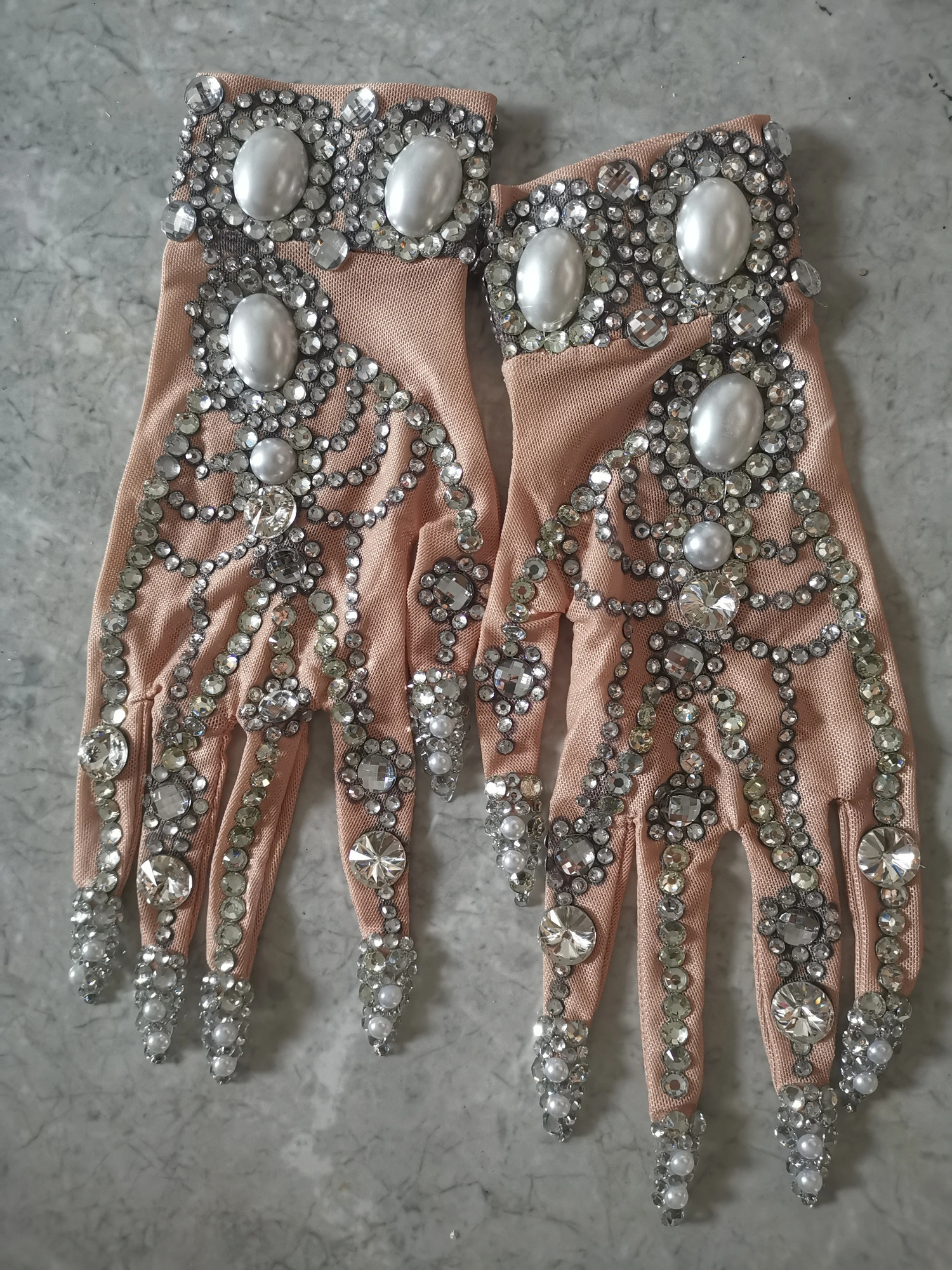 Rhinestone Pearls Short Mesh Gloves Shining Crystal Gloves Dancer Singer Nightclub Stage Performance Show Accessories 250420