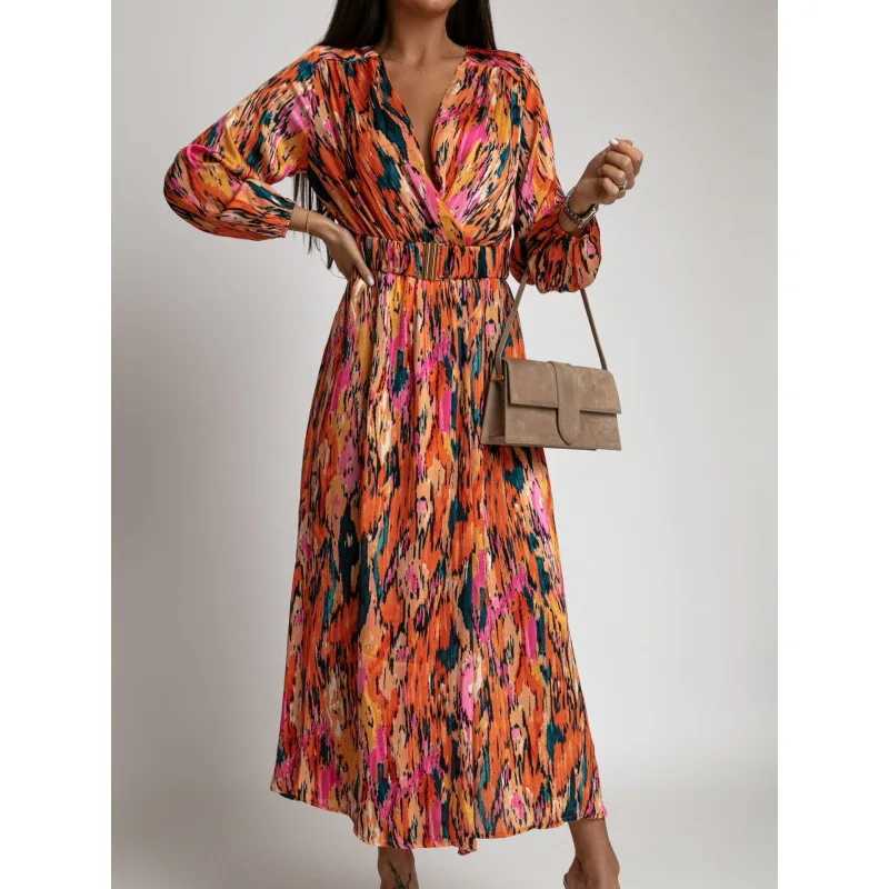 Autumn womens floral print long dress elegant and sexy deep V-neck high score waist belt dress retro bohemian long sleeved party dress W250430