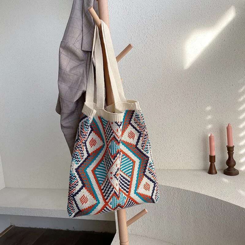 Women Knitting Wool Shoulder Bag Colourful Dia Pattern Simple Cloth Handbag Casual Tote Winter Warm Woolen Shopping Bags
