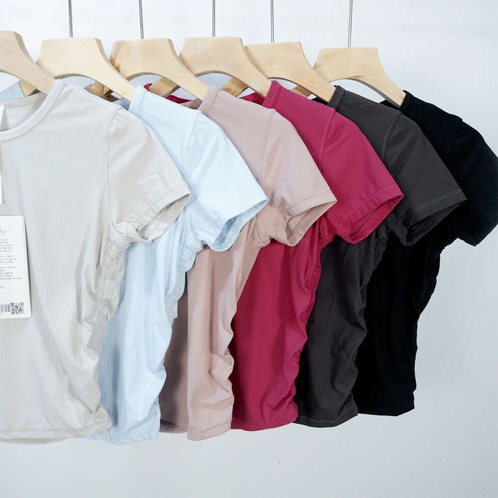 Waist Tied Sleeved Slim Fit Ribbed T-Shirt High Waisted Short Style Quick Drying Yoga Suit Outdoor Sports Summer Round