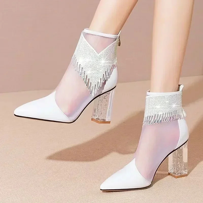 Rubber Soled Dance Boots Women 2025 Spring Pointy Rhine-diamond Tassel High Heel Mesh Latin Jazz Modern Dance Shoes Stage Show 250428