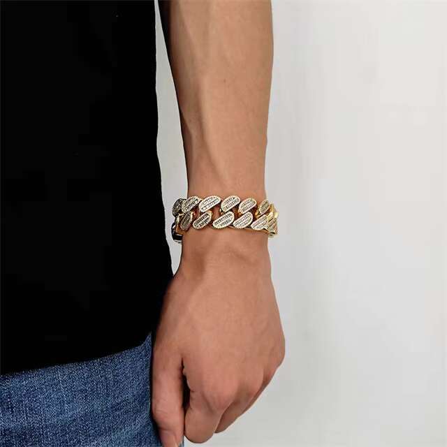 Factory 20mm Width Cuban Chain Bracelets for Men Casual Chic Hip Hop Style Fashion Daily Jewelry Cz Diamond Gold Plated Bracelet