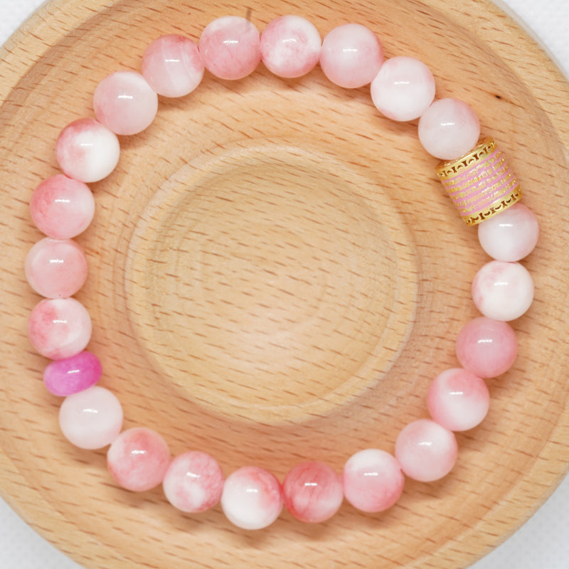 Meditation Five Mantra Energy Bracelet - Enamel- pink-and-white Persian jadefor Women's Inner Strength