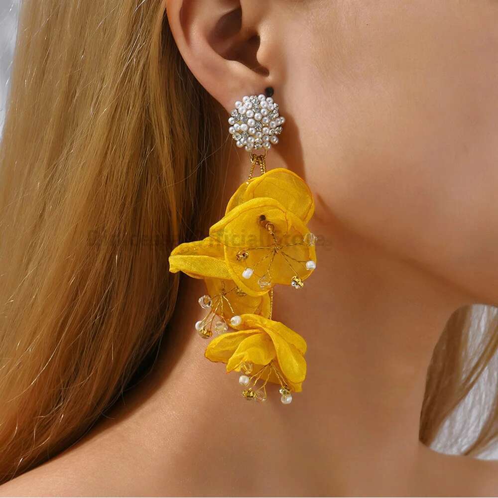 Elegant Fashion Yarn Flower Charm Decor Long Dangle Drop Earrings For Women Trend Female Unusual Wedding Party Jewelry