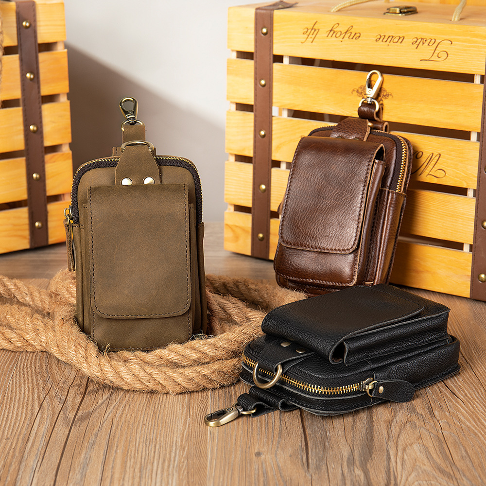 Waist top layer cowhide belt bag, men's work site wearing belt, vertical genuine leather multifunctional mobile phone bag