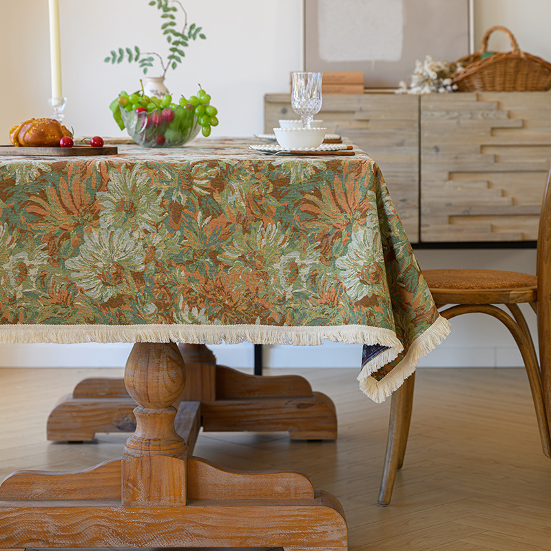D37 American retro romantic oil painting style tablecloth linen fabric waterproof coffee table cloth pastoral style high-grade jacquard cover cloth