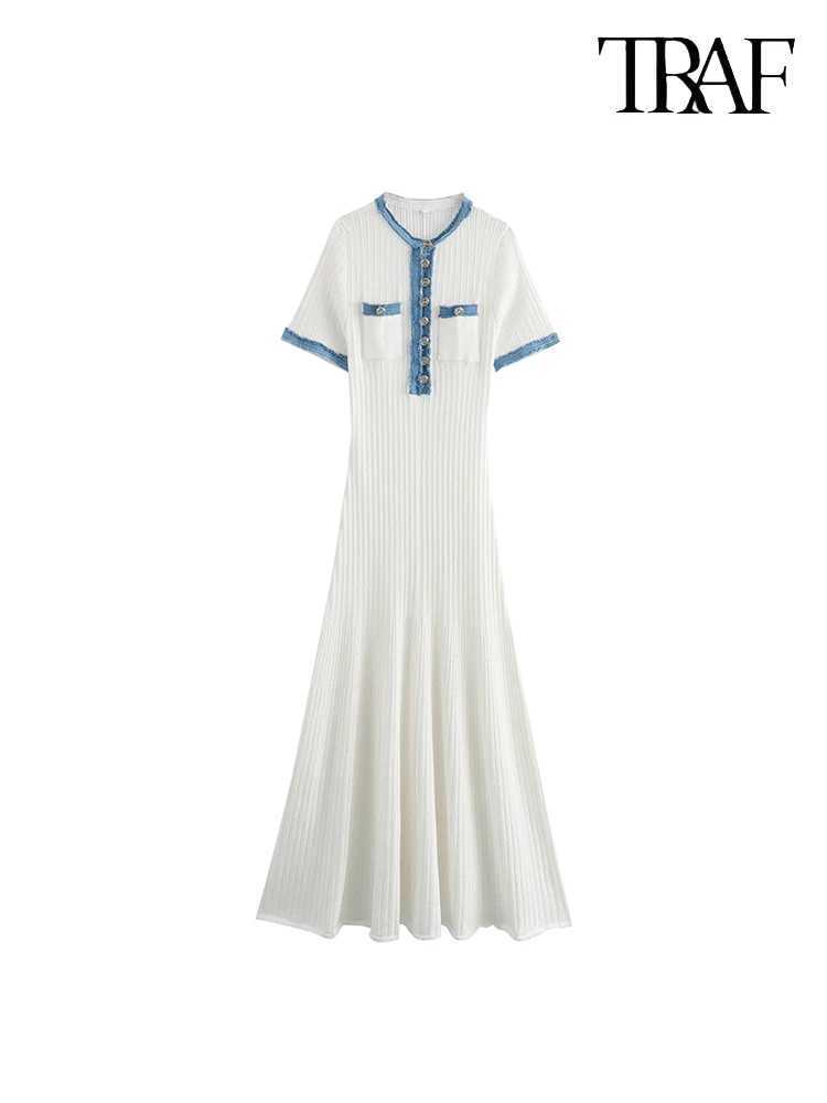 TRAF womens metal button knit dress denim patch work solid color street commuting casual short sleeved long skirt W250430
