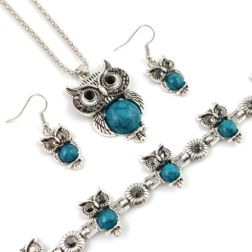 European And American Retro Set Ethnic Style Turquoise Owl Pendant Inlaid Earrings Necklace Bracelet Women's Jewelry