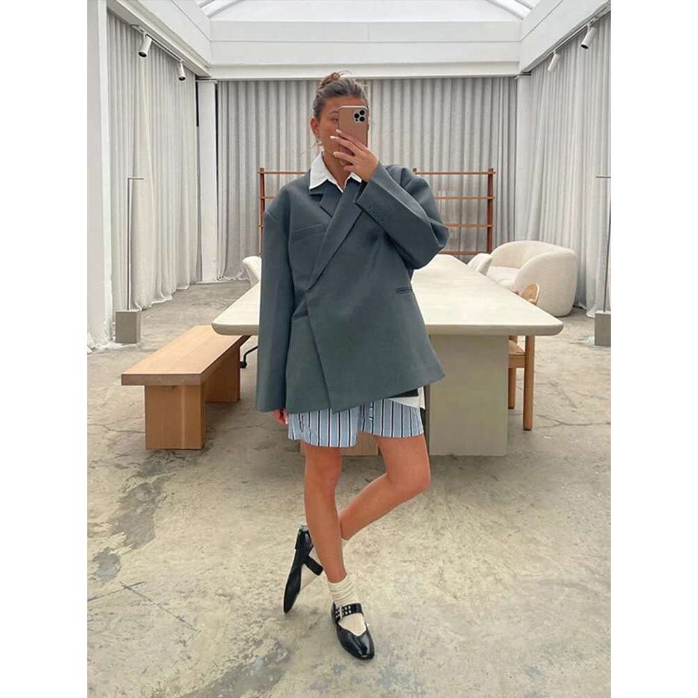 Oversized Solid Women Coat Long Sleeve Double Button Female Jacket 2025 Fashion Spring Notched Side Slit Shoulder Pads Lady Tops