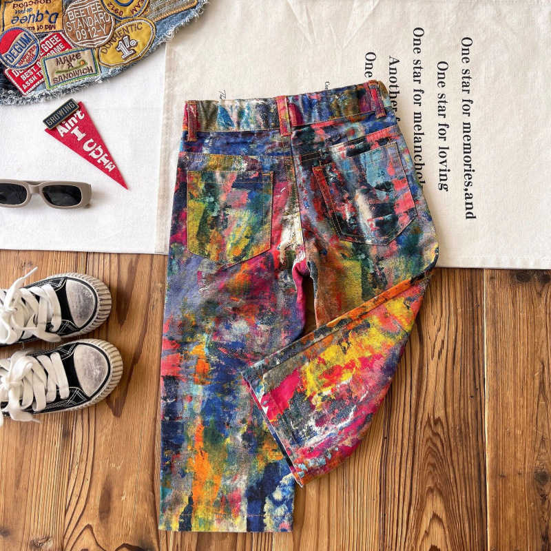 middle Aged and Niche Childrens Graffiti Ink Straight Leg Pants Trendy Jeans Y250430TOJY