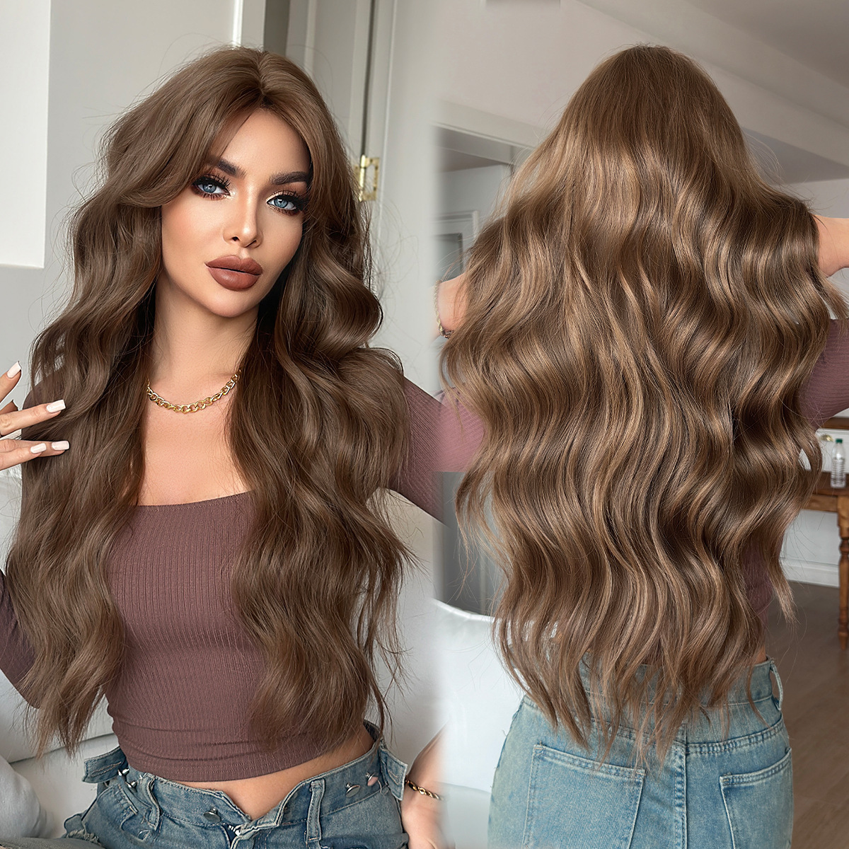 Chinese 2025 zodiac bangs long curly hair wig full head cover round face for women commonly used synthetic wave wig