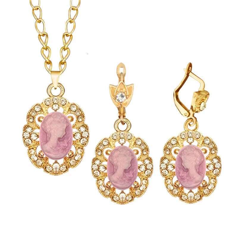 6 Colors Lady Queen Cameo Sets For Women Gold Color Flower Pendant Crystal Fashion Necklace Earring Jewelry
