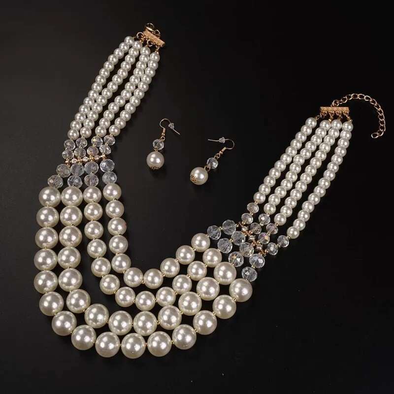 New Fashion Multi-Layer Handmade Imitation Pearl Crystal Beaded Necklace And Earring Jewelry Set For Women Party Accessories