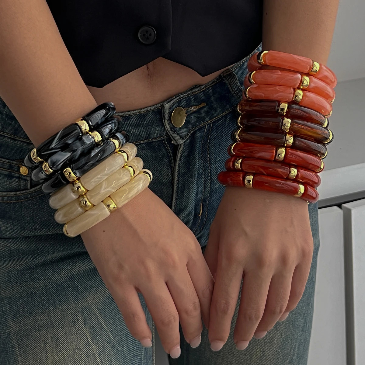 PuRui 3 pieces/set Bohomia colorful bamboo tube stackable plastic bead bracelet womens retro elastic bracelet couple jewelry 250428
