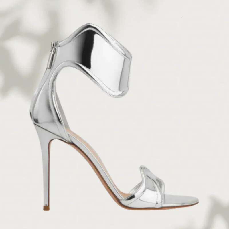 New Wave Ankle Strap Open Toe Hollow Sandals Shiny Back Zipper High Heels Fashion Show Party Women Shoes