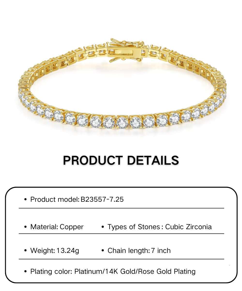4mm CZ Rhodium Cubic Zirconia Fashion Silver Fine Bracelet Jewelry 14K 18K Gold Plated Trendy Women Tennis Zircon Chain Bracelet