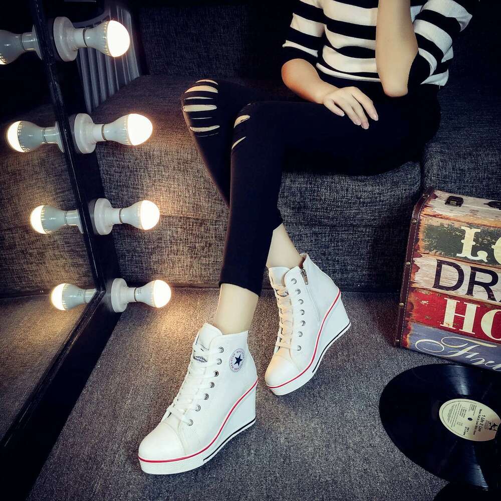 Spring and autumn new thick-sole wedge high-top lace-up canvas casual heightening large-size high-heeled women's shoes