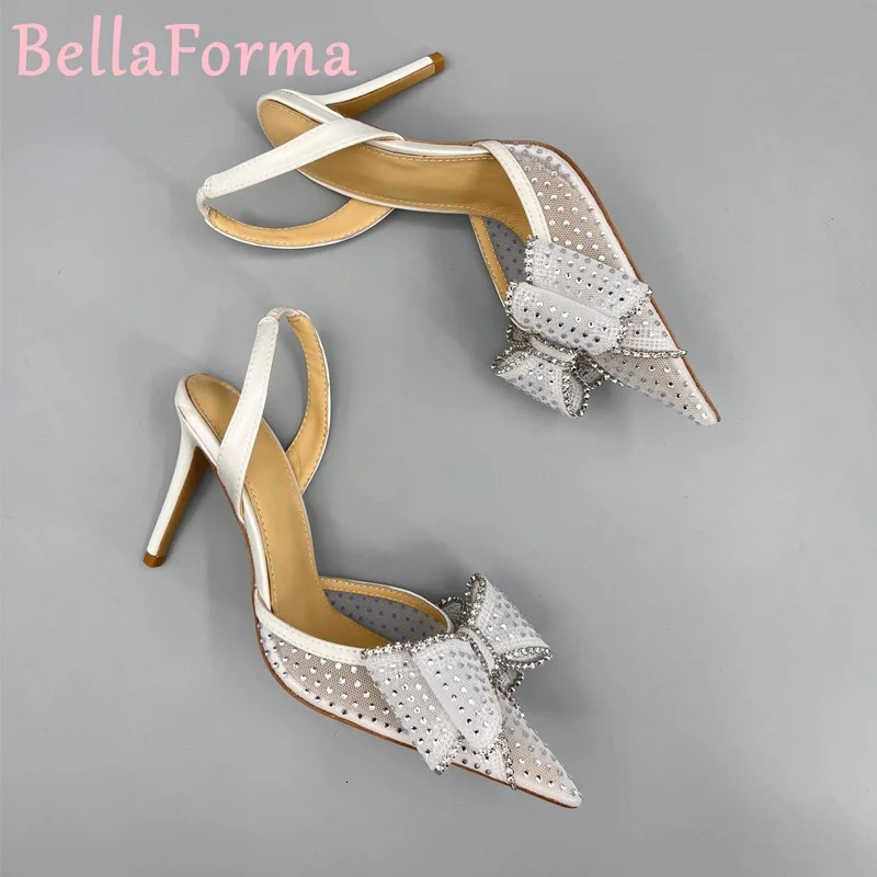 Double-layer Three-dimensional Bow Womens Sandals Banquet Wedding Elegant Sweet Sexy Velvet Mesh Rhinestone Pointed High Heels 250428