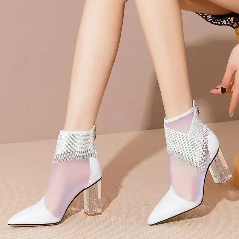 Rubber Soled Dance Boots Women 2025 Spring Pointy Rhine-diamond Tassel High Heel Mesh Latin Jazz Modern Dance Shoes Stage Show 250428
