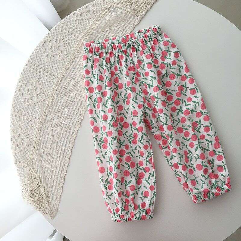 Children's Mosquito Repellent Thin Summer Floral Ice Silk Loose And Versatile Checkered Print Girl Baby Lantern Pants Children