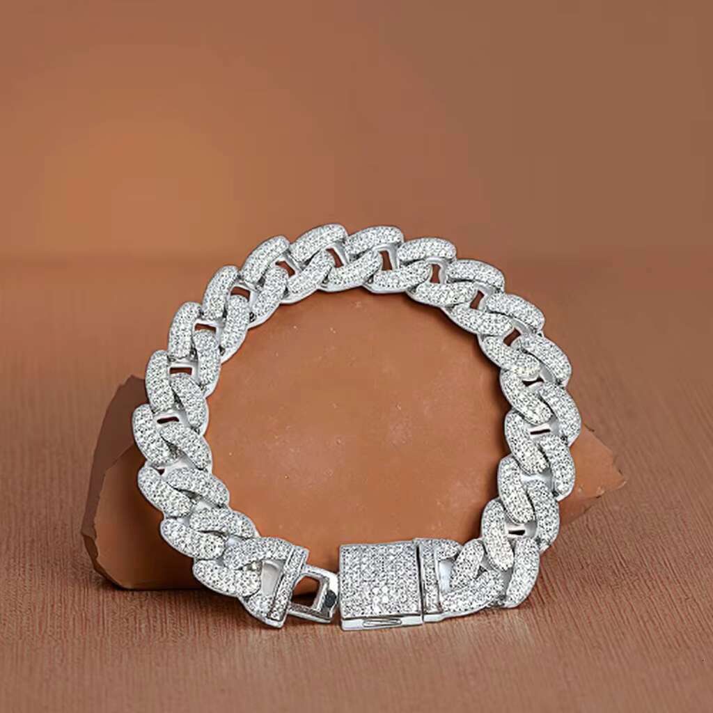 Mens Hip Hop Cuban Trends Charm Bracelet 925 Silver with Rhodium Plating and Zircon Stone for Wedding Party or Gift