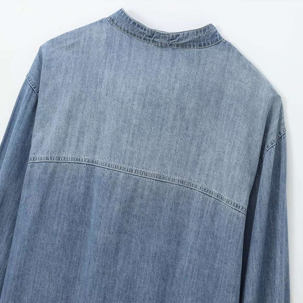 INS Fashion Blue Color Stand Collar Bow Design Single Breasted Long Sleeves Women Sweet Solid Loose Denim Shirt ZATT New