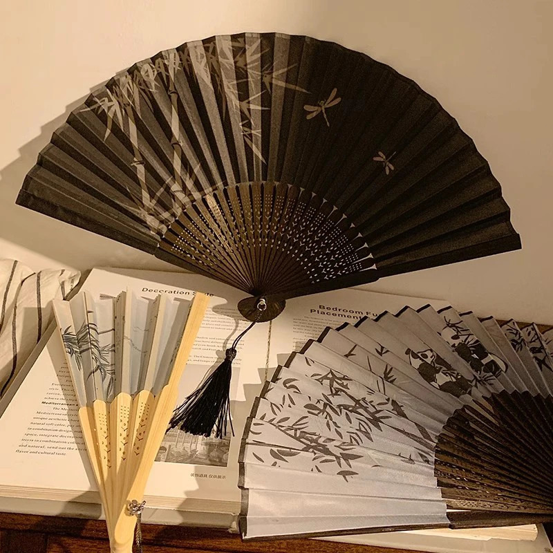 Wooden silk fabric folding fan retro style womens Japanese pattern retro fabric art craft gift home decoration handmade fan 250430