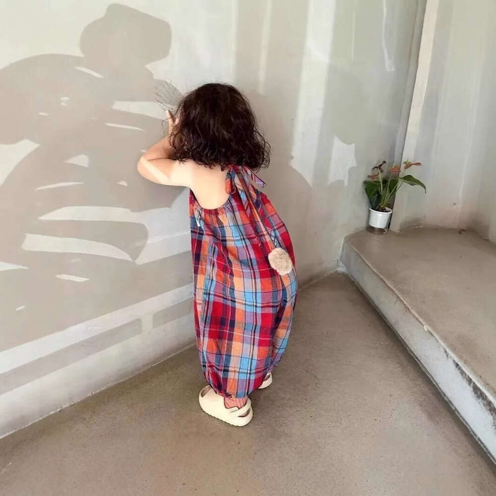 Korean Baby Internet Famous Checkered Jumpsuit Trendy Summer Style Children's Clothing Cute Rabbit Tail Girl Shoulder Strap