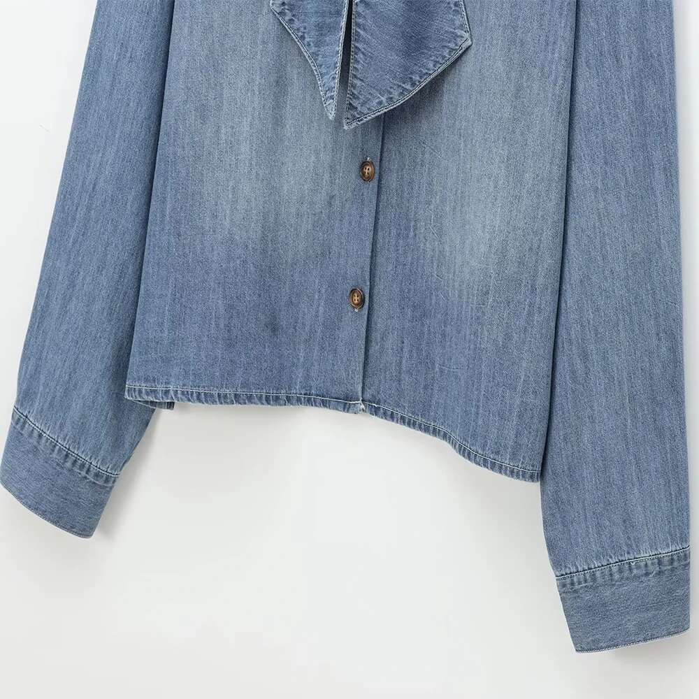INS Fashion Blue Color Stand Collar Bow Design Single Breasted Long Sleeves Women Sweet Solid Loose Denim Shirt ZATT New