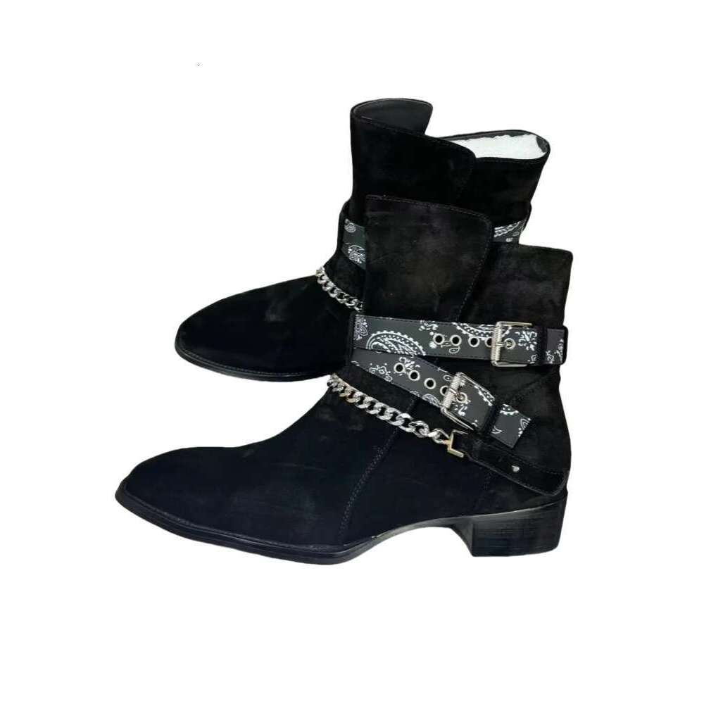 Metal Chain Frosted Double Buckle Fashion Ankle Boots High Top Pointed Casual Dress Shoes Men