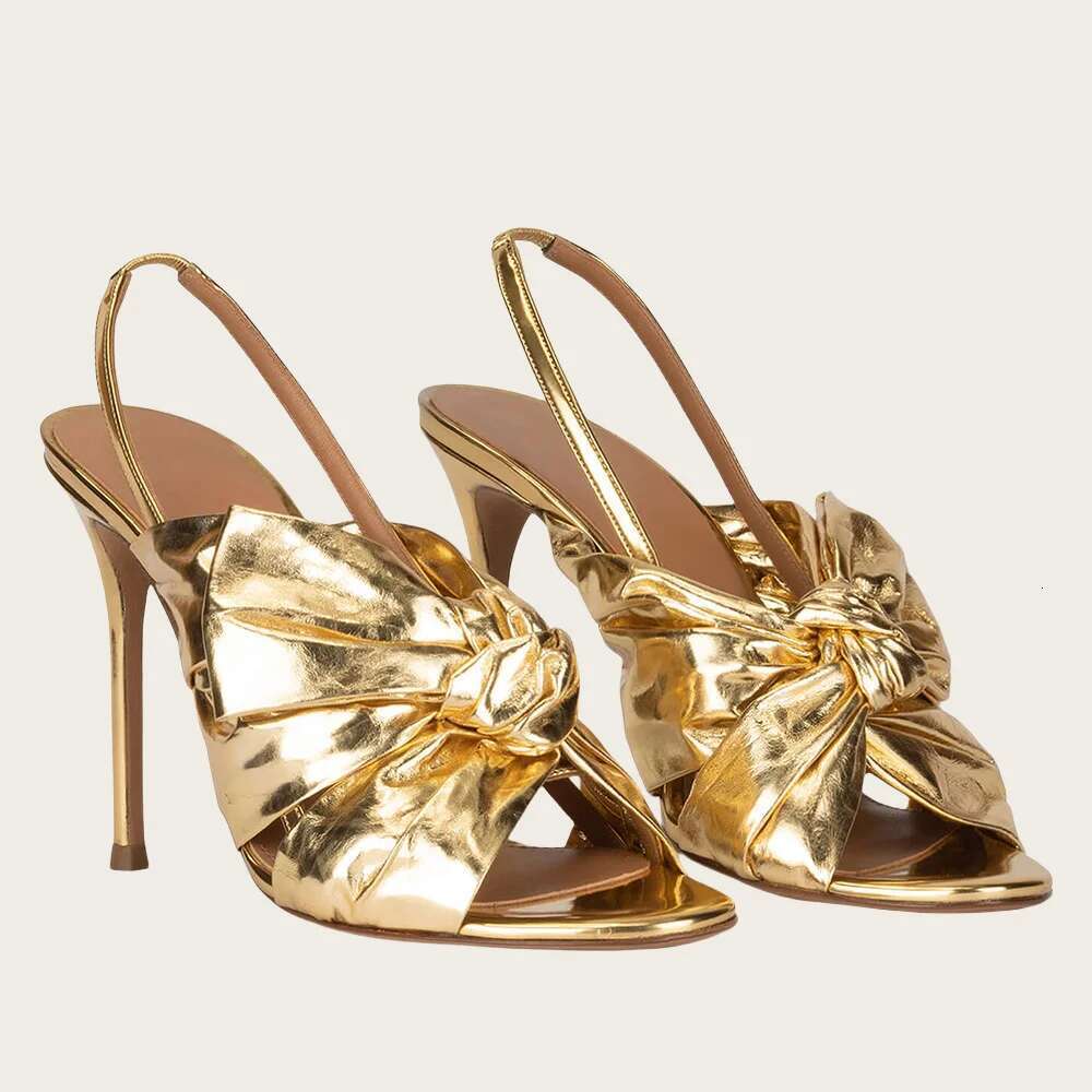 New Sexy Sier Gold Women Stiletto Mules Butterfly Knot Slip On Female Thin High Heel Party Summer Slippers Shoes