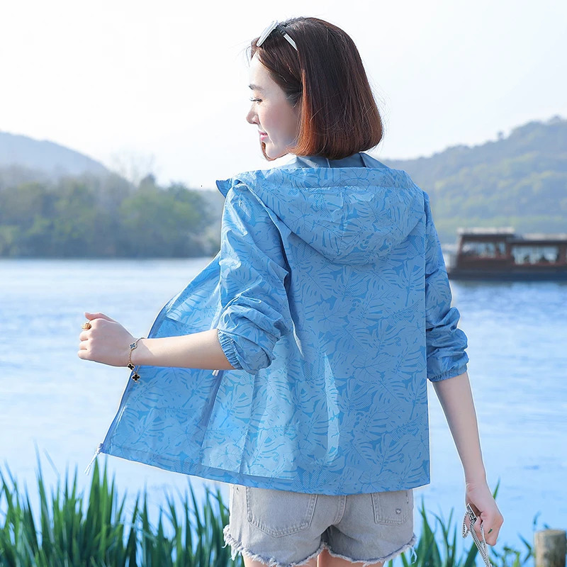 Womens SpringSummer Thin Silk Printed Hoodie Anti UV Jacket Casual Edition Outdoor Breathable Sunscreen 250428