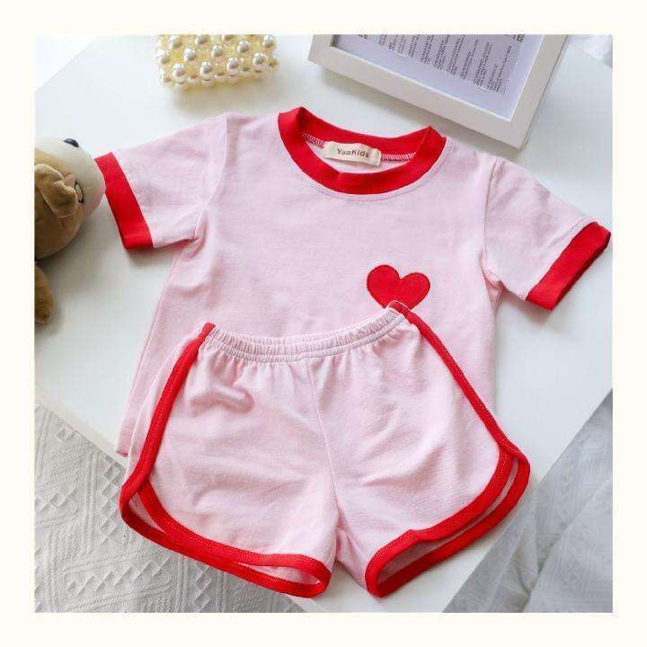 Summer Girls' Sports Baby Internet Red, Fashionable Children's Personalized Trendy Korean Edition Color Blocked Love Cute Two Piece Set