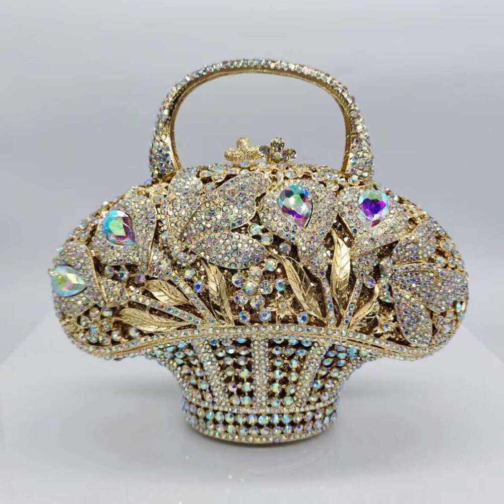 Dinner Bag New Flower Basket Inlaid With Diamonds Dinner Metal Hollow Rhinestone Women S Bag Banquet Hand Held Bag KQ