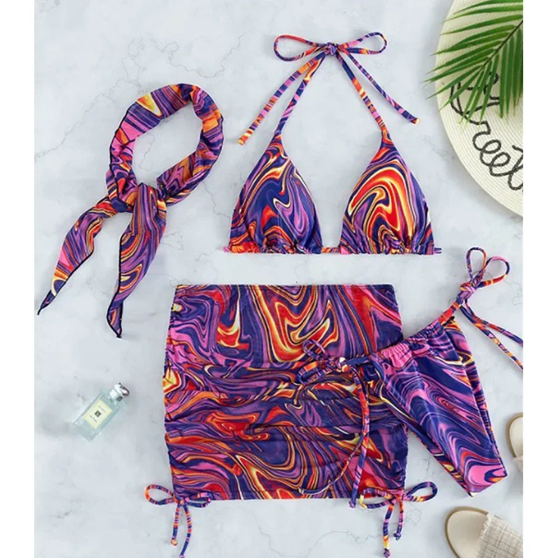 Wave Print Swimsuit Sexy Bathing Suits 4 Piece Bikinis Beach Sarong Micro Thong Swimwear Women Beachwear 250428