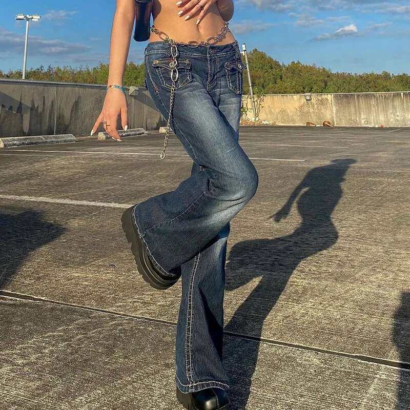 Korean Style Haruku Hot Mom Denim Jeans Y2K Grunge Vintage Low Waisted Pockets Skinny Flare Pants 2000s Retro Cargo Trousers