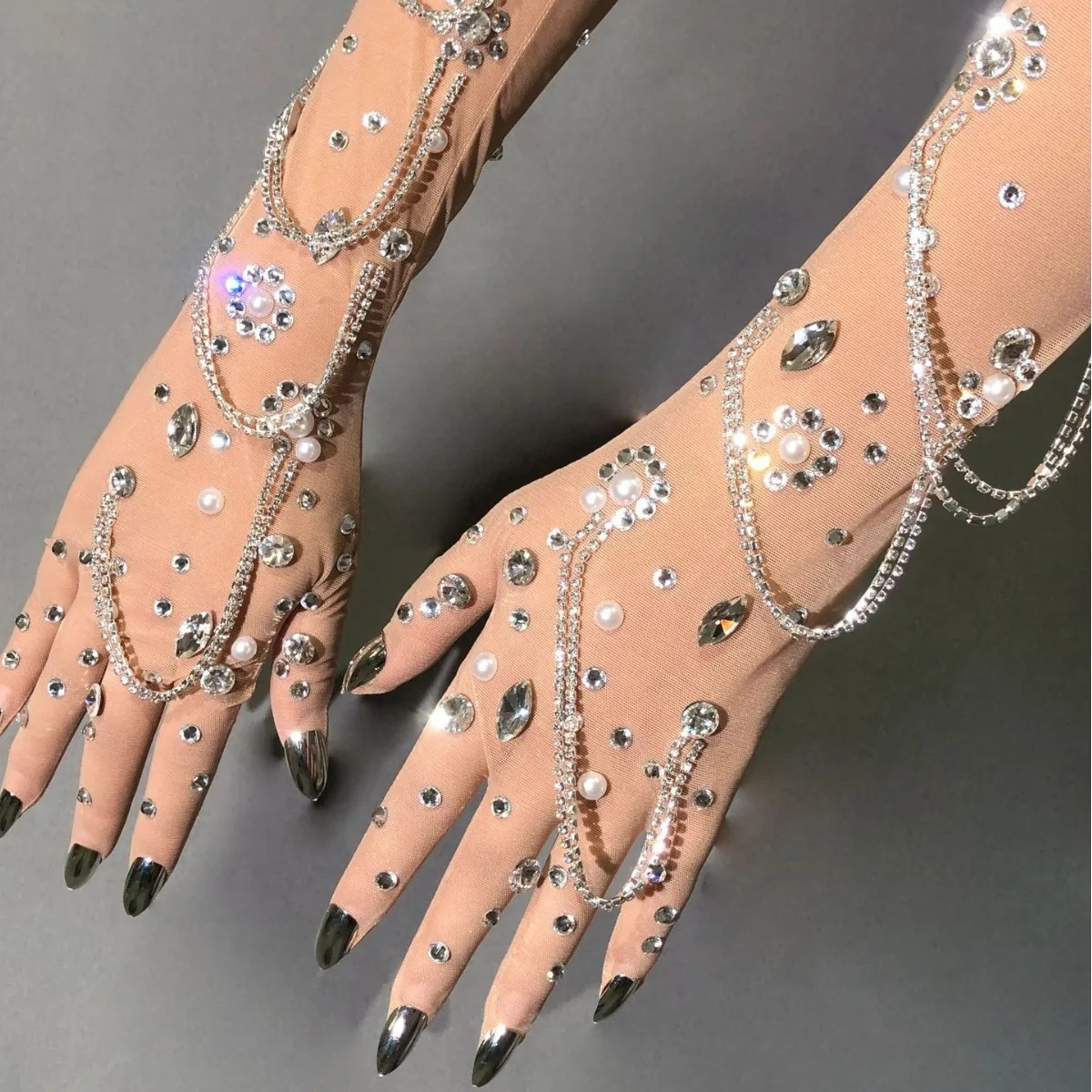 Lace Sexy Gloves Stage Dance Stage Performance Arm Sleeves Female Flash Drilling Rhinestone full Finger Gloves crystal 250420