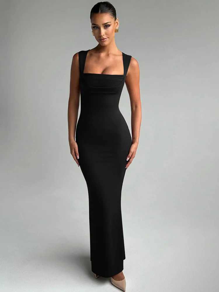 Mozision Square collarless sexy womens long dress fashionable spring and summer new high waisted Bodycon club party long dress W250430