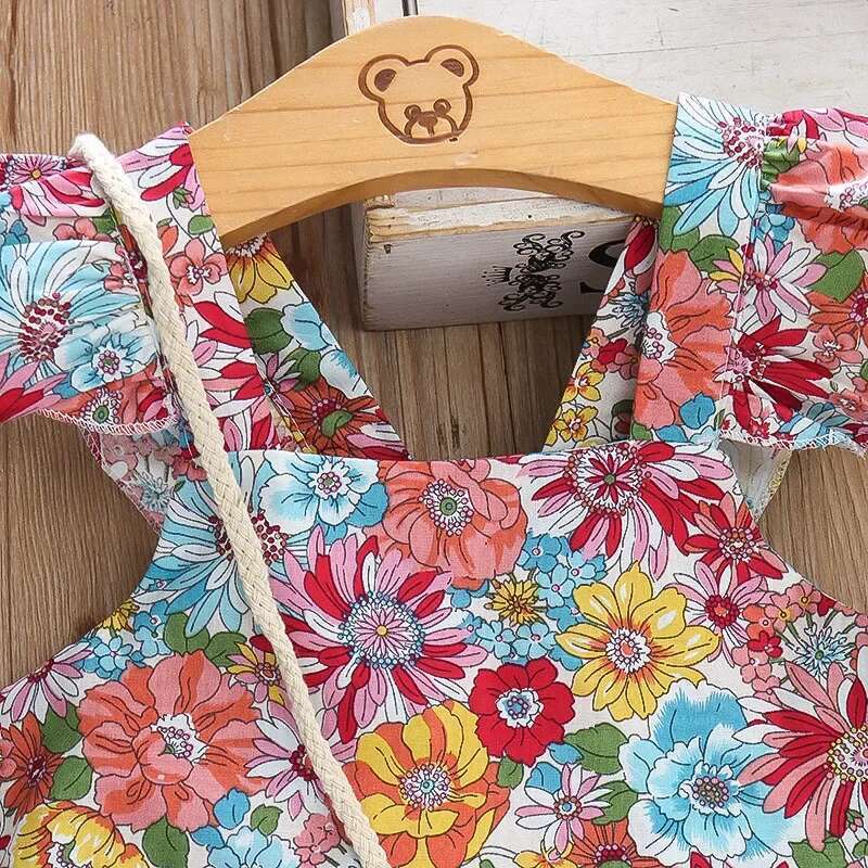 (Girls 0-3 Years Old)New Summer Girls Halter Small Flying Sleeve Ruffled Flowers Full Print + Crossbody Bag A-Line Dress