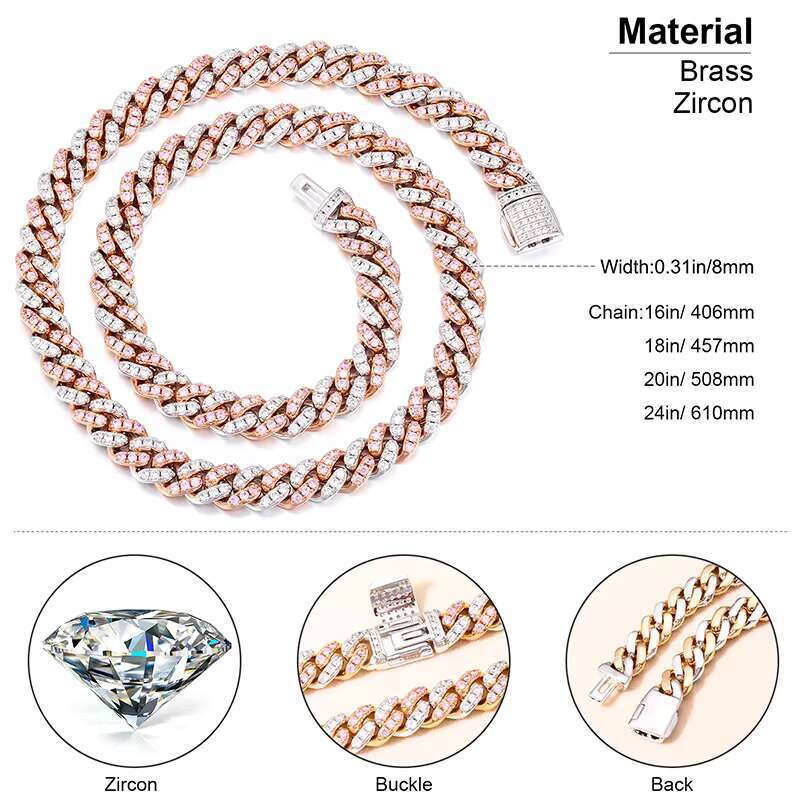 Wholesale RTS Stock 8mm 18K Gold Plated Brass Prong Set AAAAA CZ Diamond Iced Out Miami Cuban Link Chain Necklace for Men Women