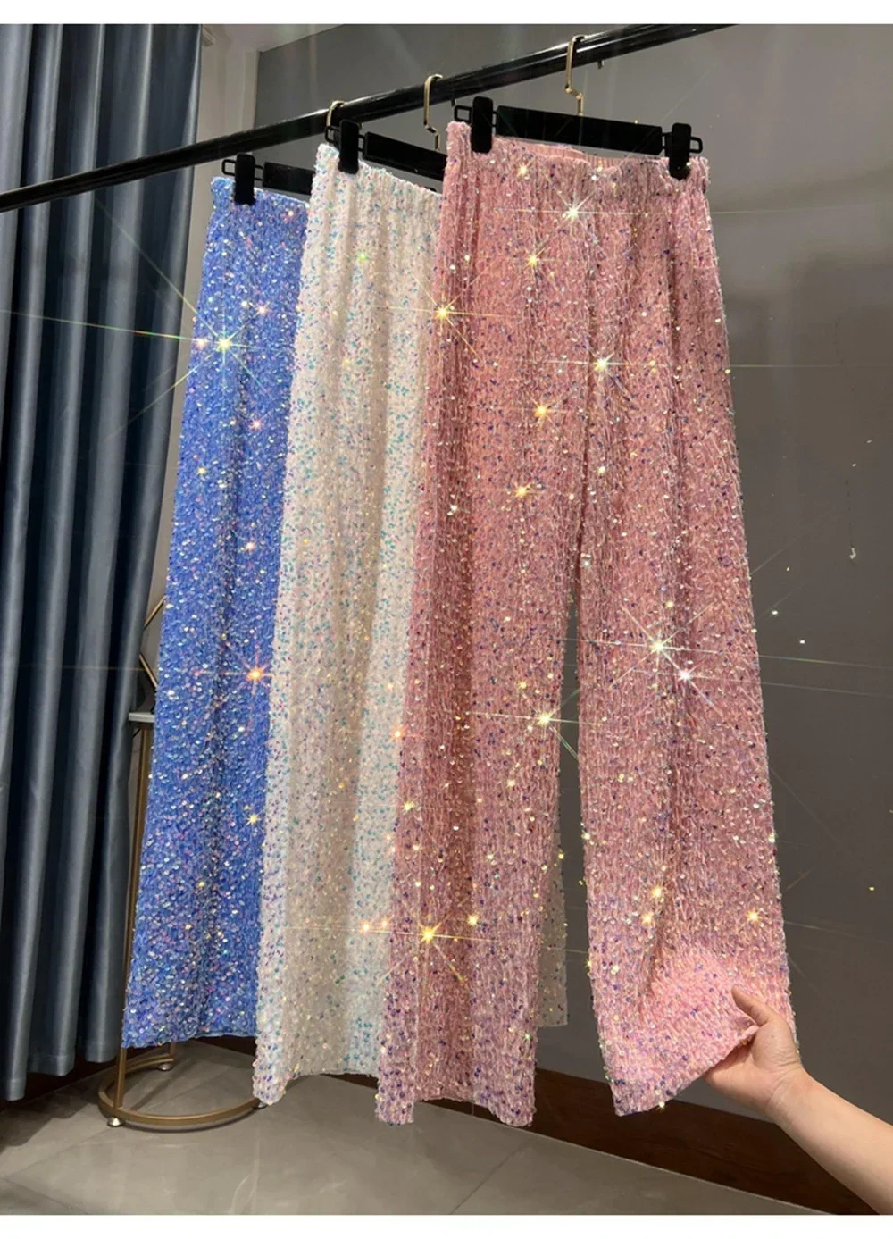 Korean sequined autumn and winter wide leg pants length thick mop shiny casual straight 250428