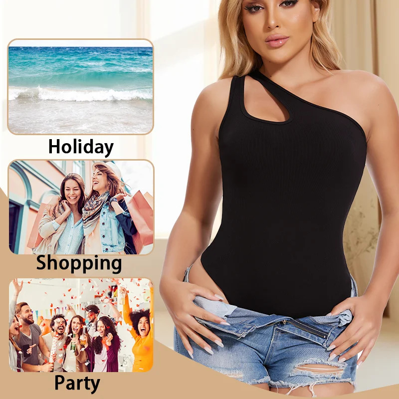 Womens sexy Sloping single shoulder Camisol shapewear set abdominal control tank top sleeveless bodysuit slim thong 250430
