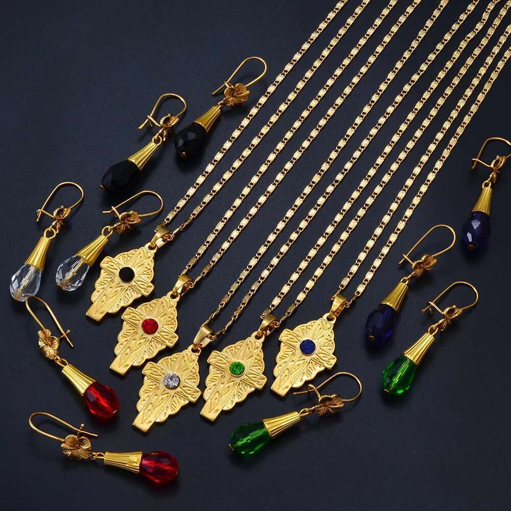 Anniyo Hawaiian Bead Ball Jewelry Sets Cross Pendant Necklaces Colored Crystal Earrings Guam Micronesia Chuuk Pohnpei #253006