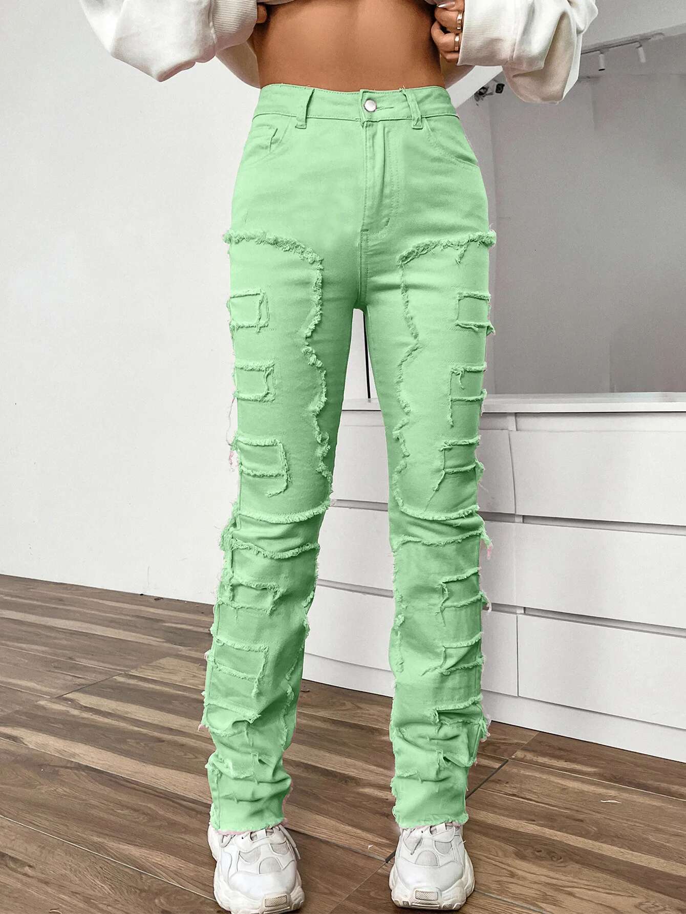 Women Jeans Denim Straight Pants Spliced Patchwork High Street Slim Fit Pockets Mid Waist Washing Zipper Slight Srech fashion