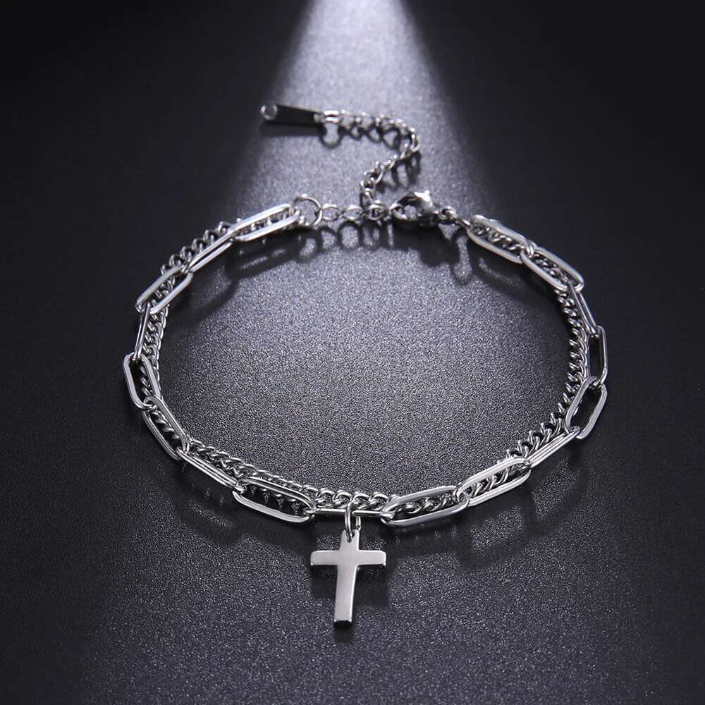Women's Cross Pendant Bracelet Stainless Steel Double Layer Bracelets For Men Women Birthday Gifts