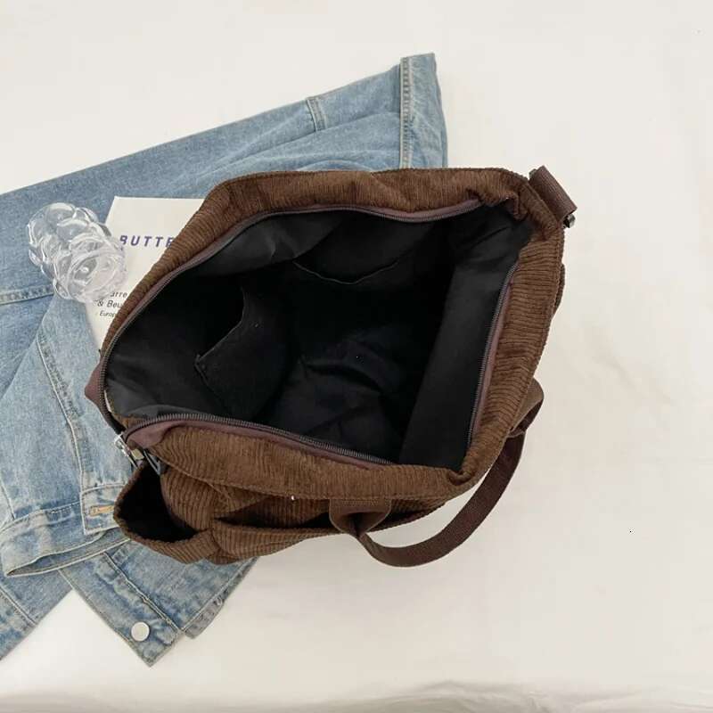 Simple Color Multi Pocket Corduroy Tote Bag Large Capacity Casual Backpack Suitable For Outdoor Travel Commuting Work Handbags Bag