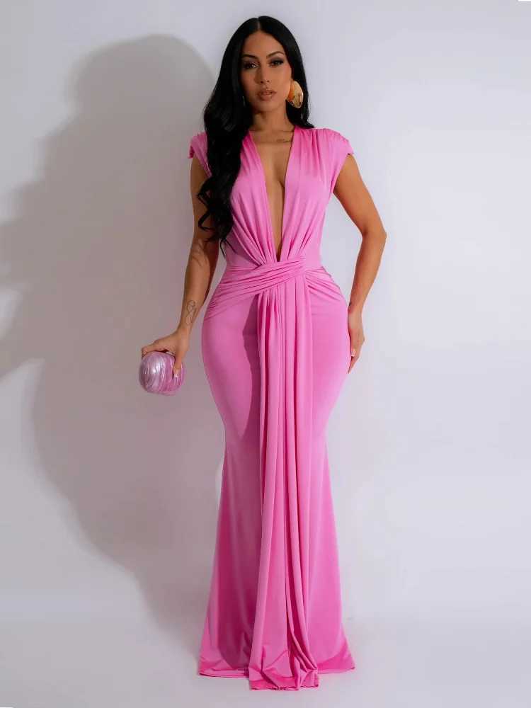 Womens long dress deep V-neck sleeveless pure thin fit tight waist sexy and elegant stitching wrapped around hips temperature Vestdos W250430