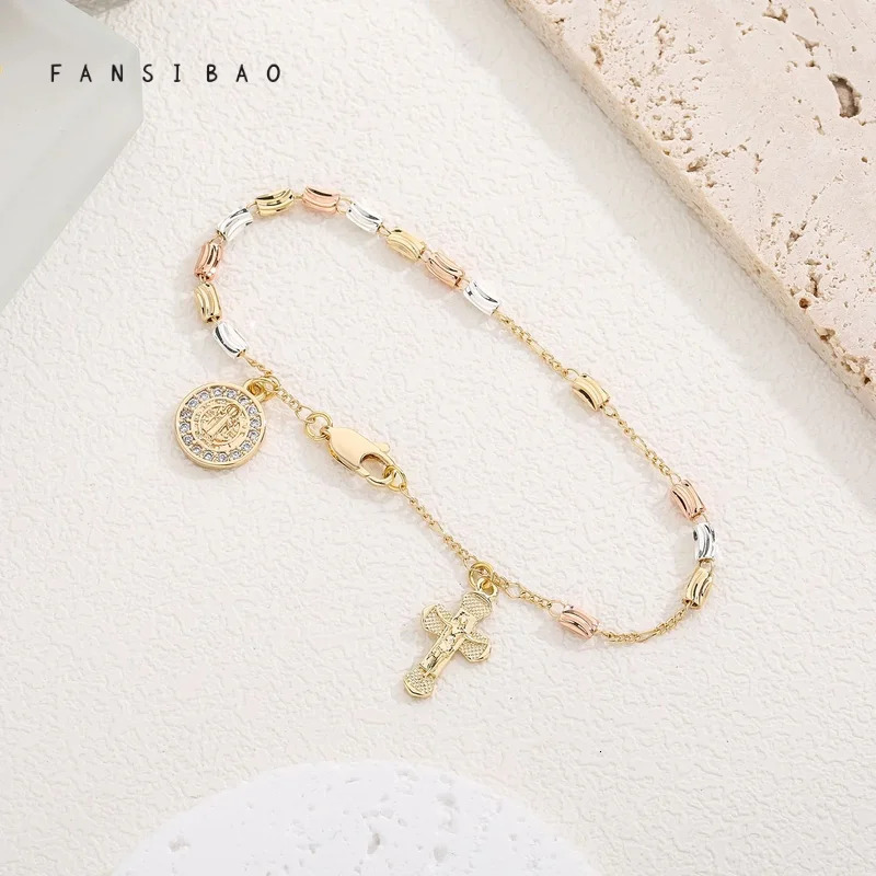 FanSibao Retro Style Virgin Mary Tricolor Prayer Bead Bracelet with Cross Element Womens Fashion Wrist Accessory 250428